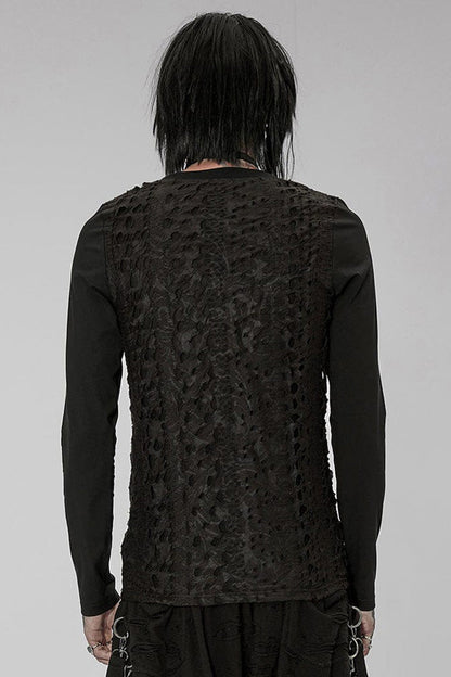 Black Punk Knitted Print Splicing Concave And Convex Webbing Decoration Long Sleeve Men's T-Shirt