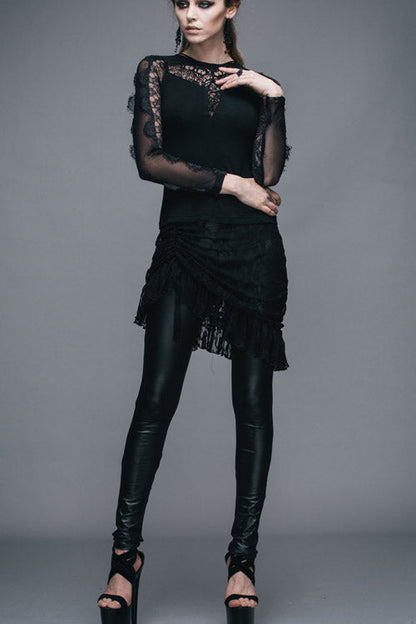 Black Rose Lace Mesh Outer Skirt Gothic Faux Leather Womens Pants
