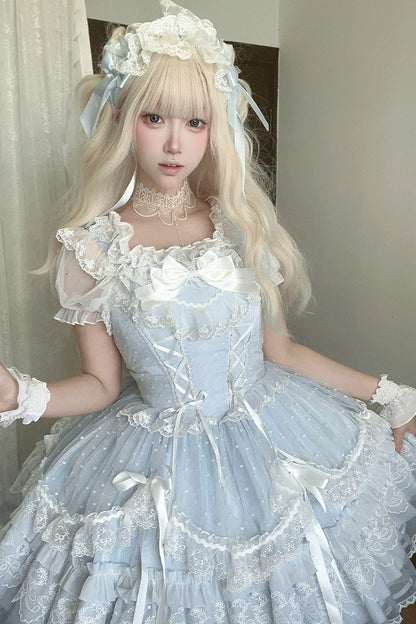 Blue [Candy House] Sleeveless Ruffle Bowknot Lace Lace-Up Sweet Lolita Jsk Dress