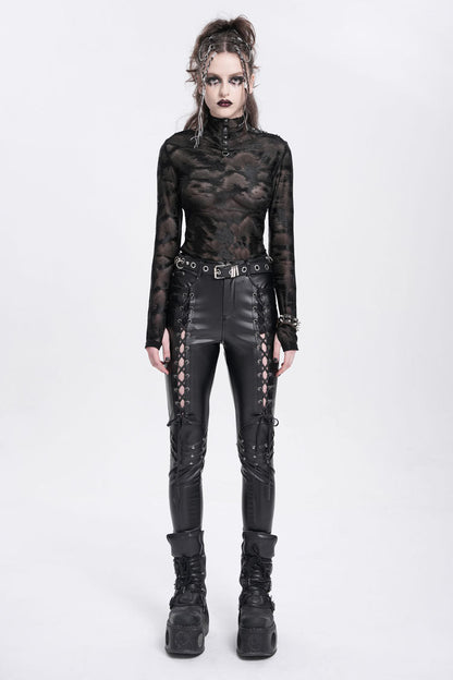 Black Stand Collar Sheer Studded Women's Punk Blouse