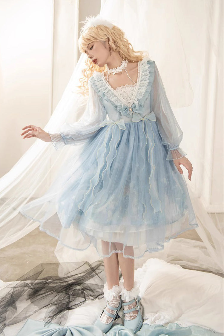 Blue High Waisted Planet Butterfly Print Ruffle Lace Sweet Lolita Dress