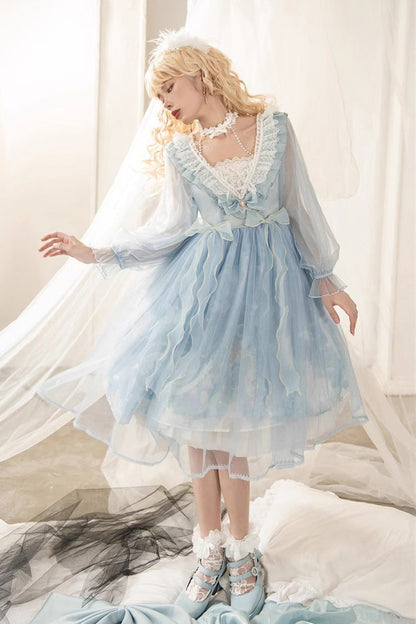 Blue High Waisted Planet Butterfly Print Ruffle Lace Sweet Lolita Dress