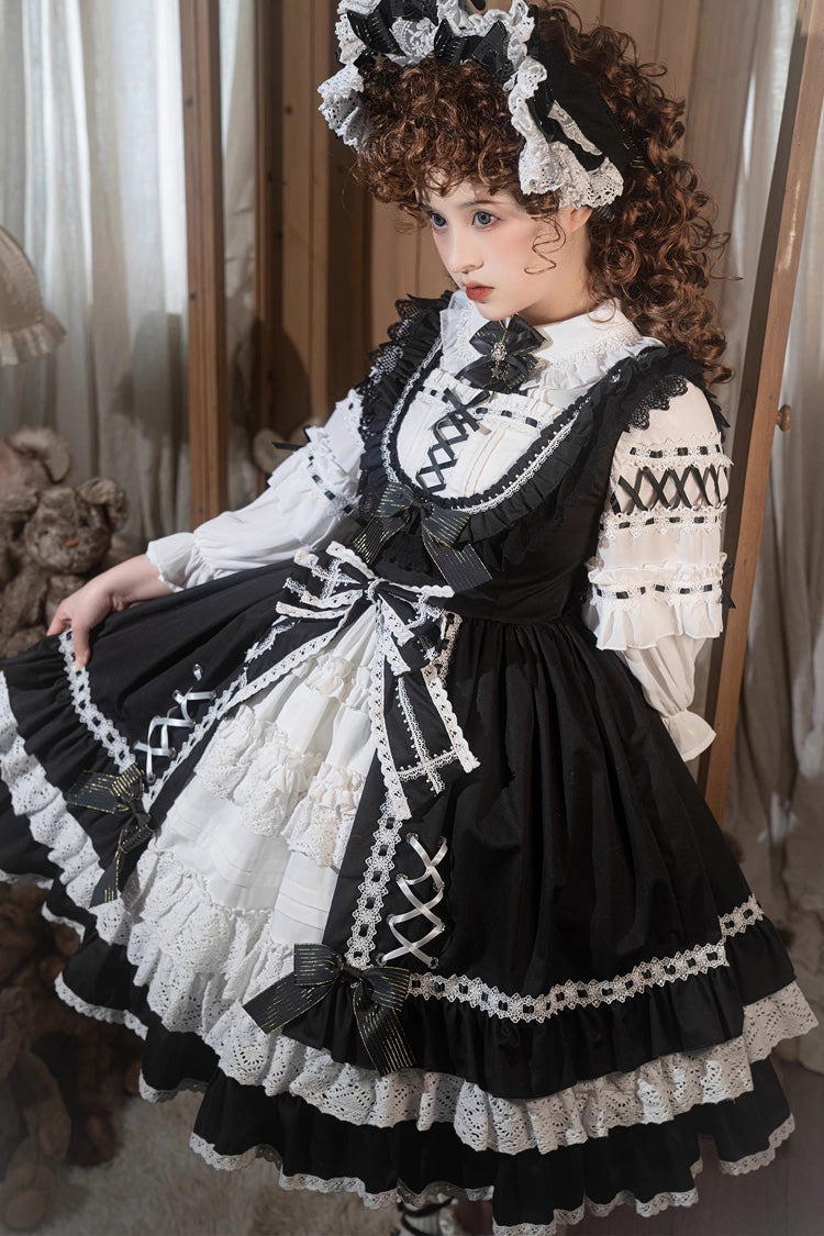 Black/White [Tina's Gift] Sleeveless Multi-Layered Ruffle Cardigan Bowknot Lace Sweet Lolita Jsk Dress