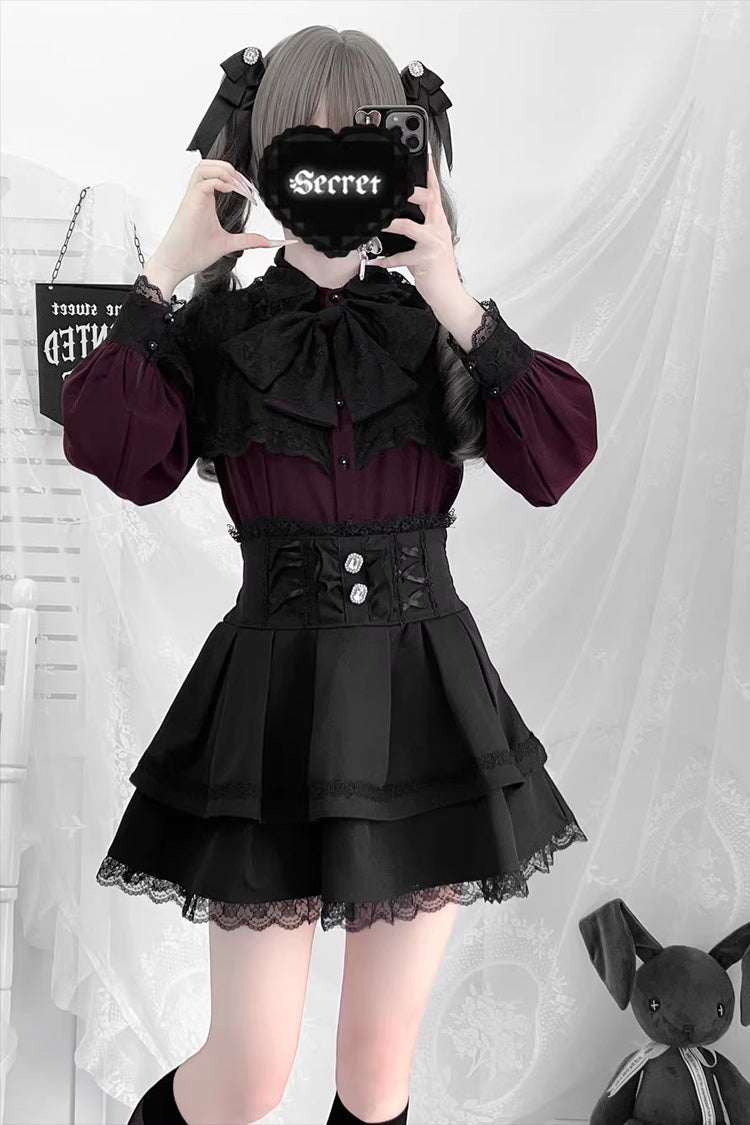 [Dark Moon Shadow] Long Sleeves Double-Layered Ruffled Embroidered Bow Lace-Up Gothic Jirai Kei Lolita Top + Skirt Set