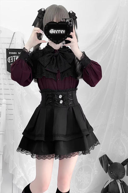 [Dark Moon Shadow] Long Sleeves Double-Layered Ruffled Embroidered Bow Lace-Up Gothic Jirai Kei Lolita Top + Skirt Set