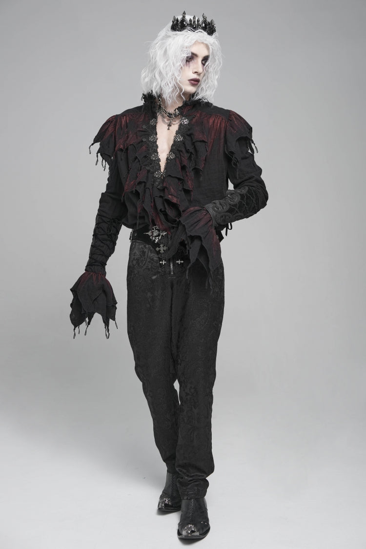 Black/Red Stand Collar Long Sleeves Ruffled Men's Gothic Plunging Shirt