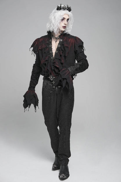 Black/Red Stand Collar Long Sleeves Ruffled Men's Gothic Plunging Shirt