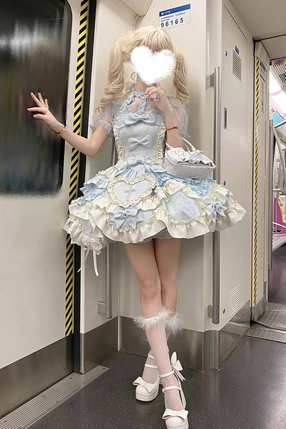 Blue [Heart of Butterfly] Halterneck Sleeveless Multi-Layered Ruffle Embroidery Princess Ballet Lolita Jsk Dress Set