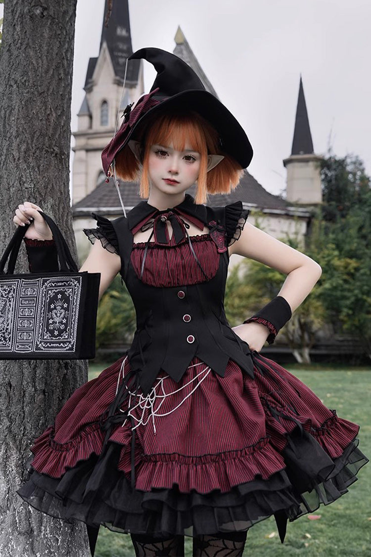 Black/Red [Potions] Sleeveless Triple-Layered Ruffle Bowknot Lace Gothic Lolita Dress 2 Colors
