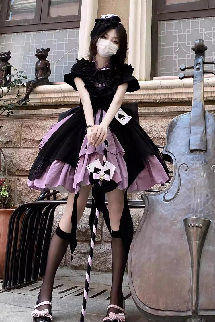 Black/Purple [Phantom Thief Ace of Spades] Short Sleeves Ruffle Bowknot Gothic Lolita Dress Set