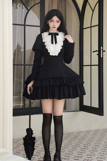 Black [Miss Weir] Stand Collar Long Sleeves Double-Layered Ruffle Gothic Lolita Dress
