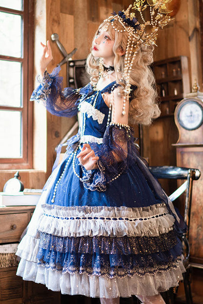 Blue Gorgeous Starry Sky Bowknot Pearl Chain Decoration Multi-Layer Ruffled Sweet Lolita JSK Tiered Dress
