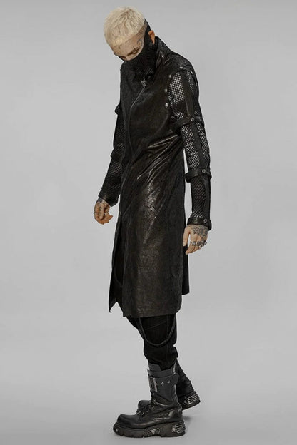 Black Stand Collar Metal Detachable Hollow Long Sleeves Mens Steampunk Coat