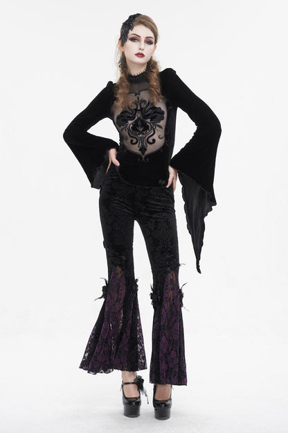 Black/Purple Printed Lace Embroidered Women's Gothic Flared Pants