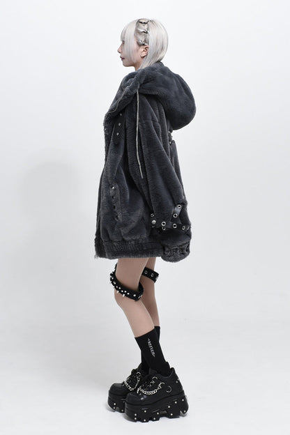 Jirai Kei Long Sleeves Hooded Zipper Punk Japanese Coat With Cross Leather Buckles 2 Colors