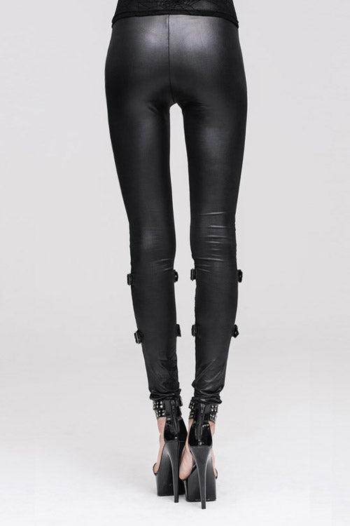 Black Punk Hollow Out Leather Loops Lace Up Leggings Womens Pants