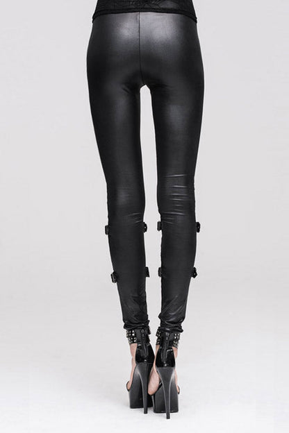Black Punk Hollow Out Leather Loops Lace Up Leggings Womens Pants