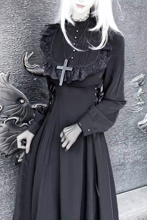 Black Stand Collar Long Sleeves Ruffled Lace-Up Gothic Lolita Dress