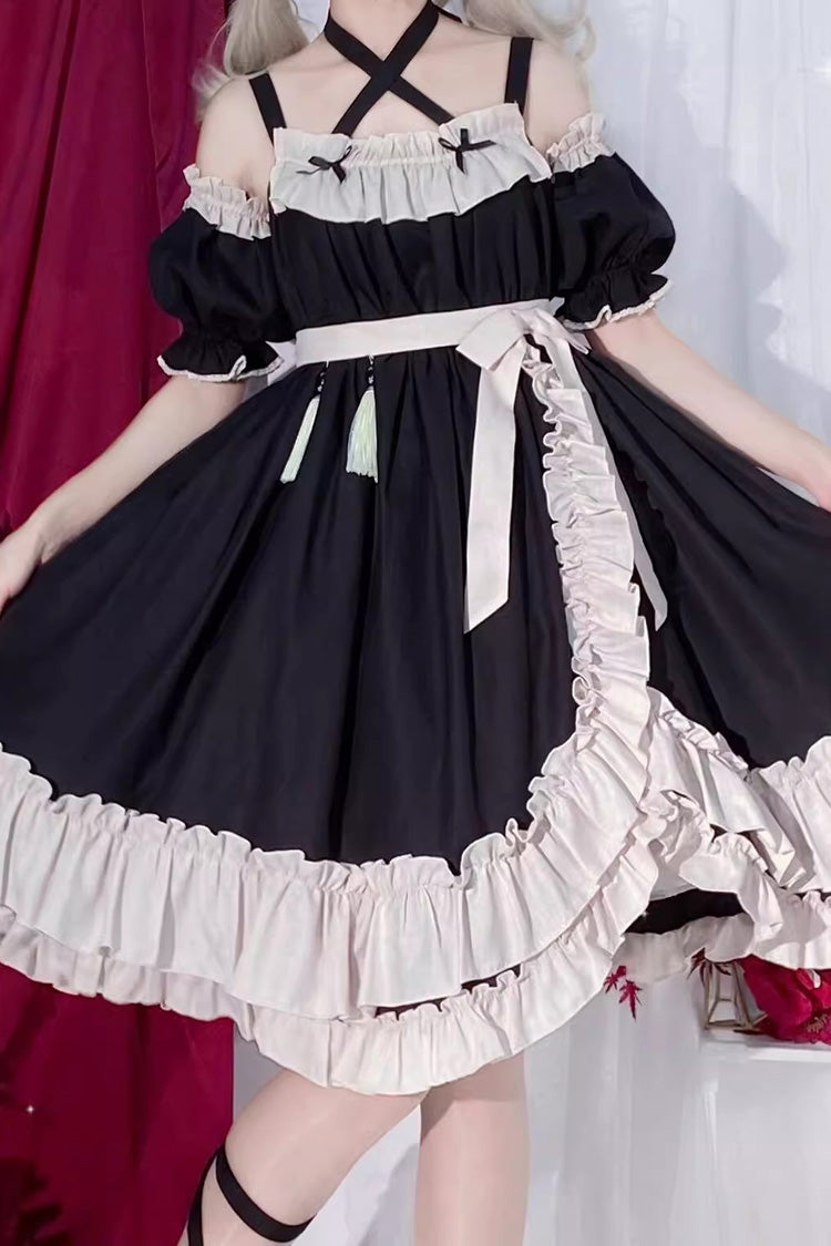 Black [Monet Estate] Sleeveless High Waisted Ruffle Bowknot Asymmetric Gothic Lolita Jsk Dress