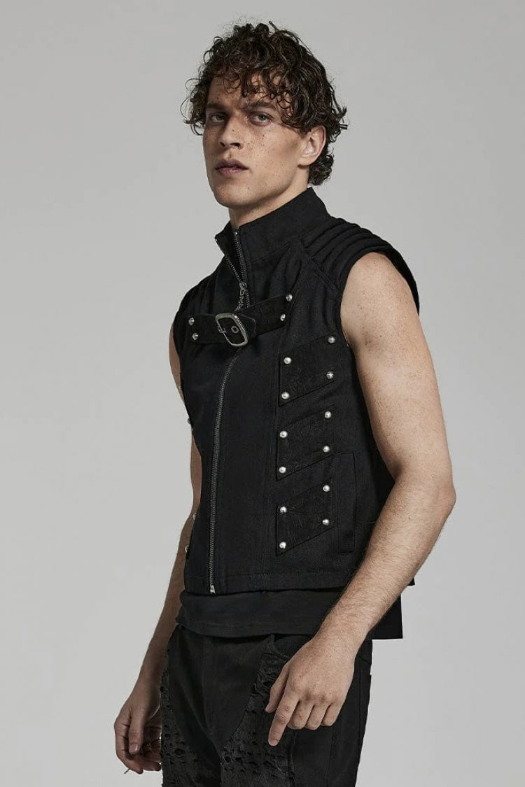 Black Stand Collar Sleeveless Stitching Buckle Decoration Mens Steampunk Vest