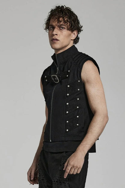Black Stand Collar Sleeveless Stitching Buckle Decoration Mens Steampunk Vest