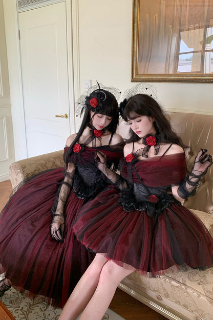 Black/Red [Sanglin’s Tribute] Off Shoulder Ruffled Gothic Lolita Dress