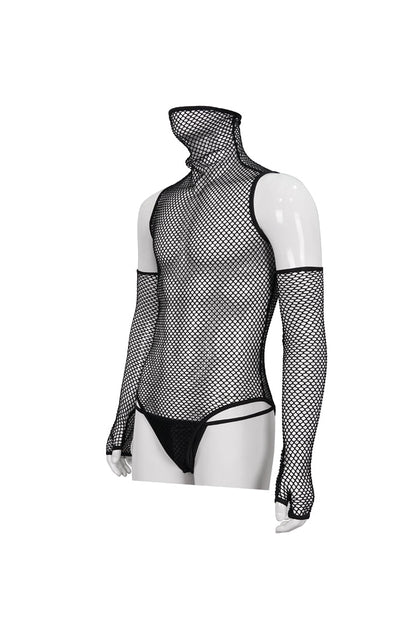 Black Transparent Mesh Sexy Super High Collar Masked Glove Thong Men's Punk Onesie