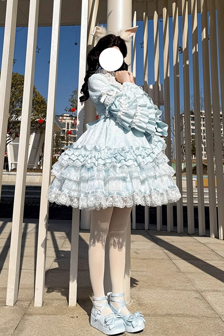 Blue [The Soloist Doll] Long Hime Sleeves Multi-Layered Print Ruffle Bowknot Asymmetric Sweet Lolita Dress