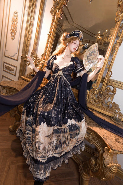 Blue [Unicorn] V Collar Short Sleeves Empire Motif Print Embroidery Bowknot Lace Sweet Elegant Lolita Dress