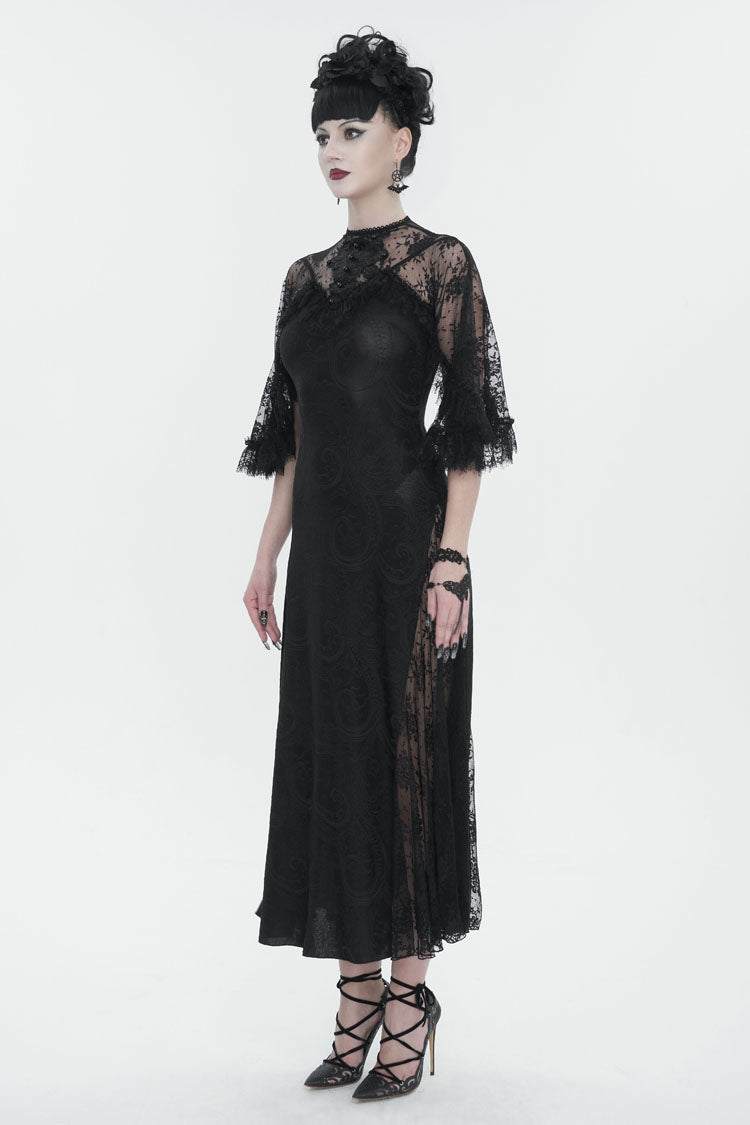 Black Stretch Printed Knit Panel Lace High Slit Asymmetric Women's Gothic Dress
