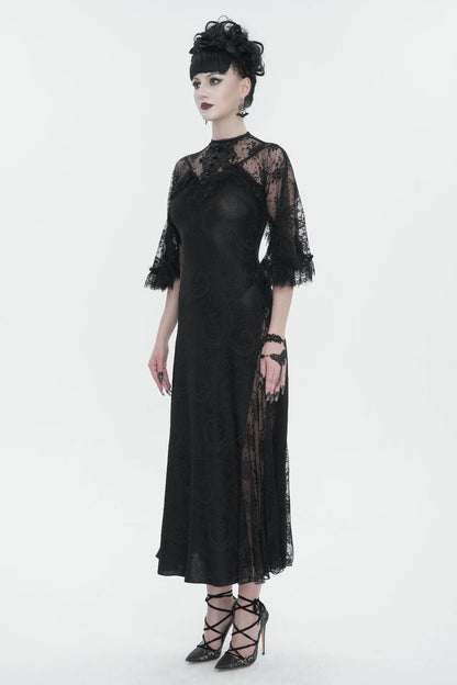Black Stretch Printed Knit Panel Lace High Slit Asymmetric Women's Gothic Dress