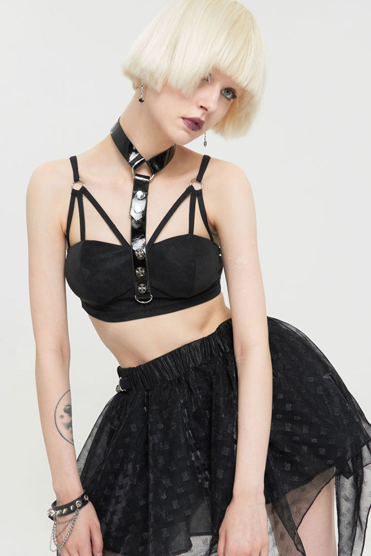 Black Punk Hollow Sling Halter Neck Metal Ring Decoration Women's Vest