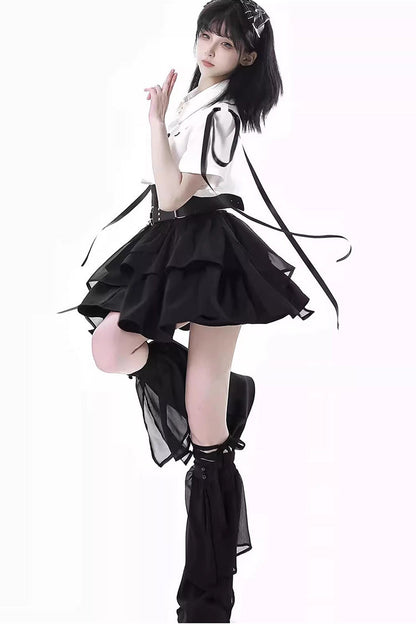 White/Black [Moonlight Flowing] Long/Short Sleeves Ruffled Asymmetric Gothic Jirai Kei Skirt Set