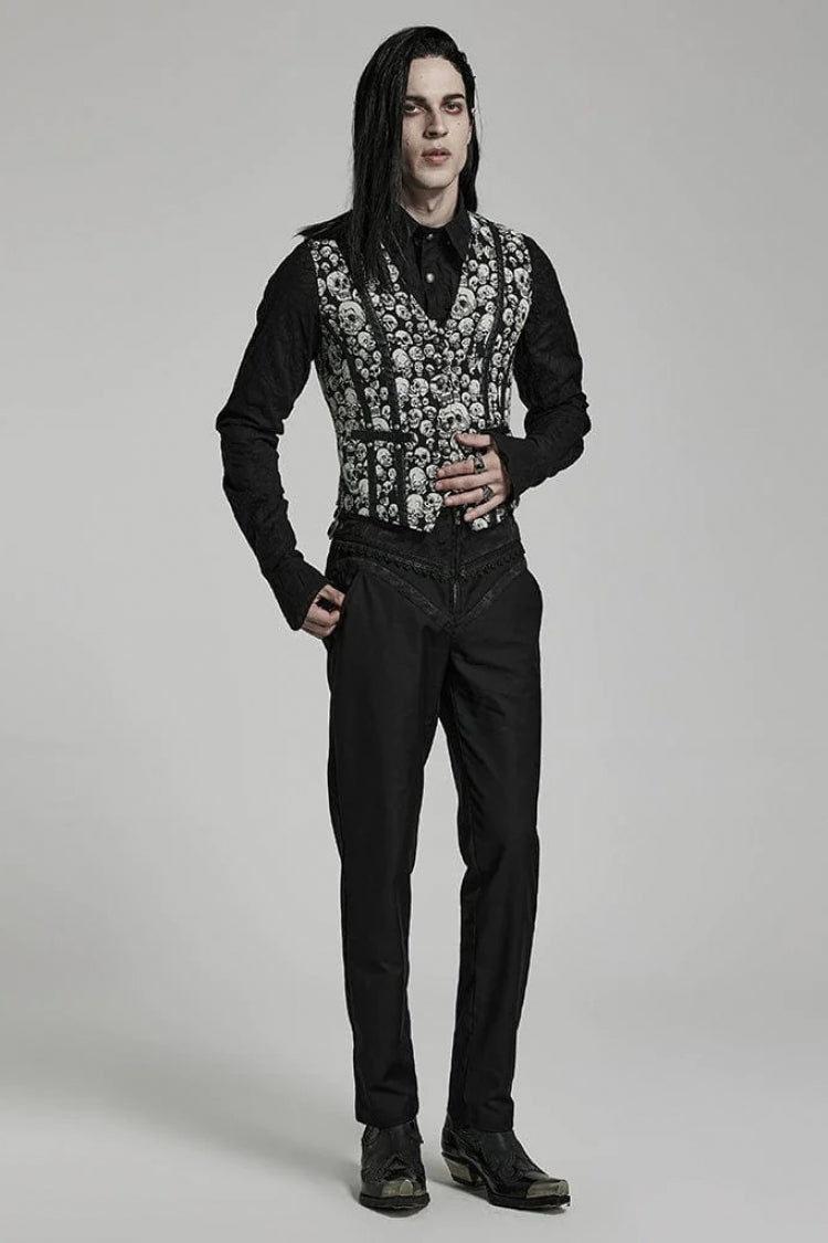 White/Black Contrast Sleeveless Skulls Print Jacquard Hollow Mens Gothic Vest