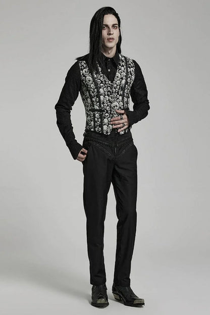 White/Black Contrast Sleeveless Skulls Print Jacquard Hollow Mens Gothic Vest