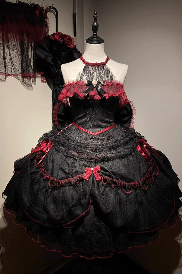 Black/Red [Layered Poem] Halterneck Sleeveless Multi-Layered Jacquard Hanayome Bow Lace Gothic Lolita Dress