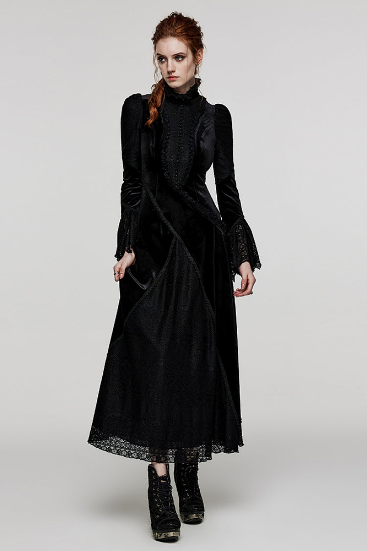 Black Stand Collar Long Trumpet Sleeves Stitching Lace Women's Gothic Dress