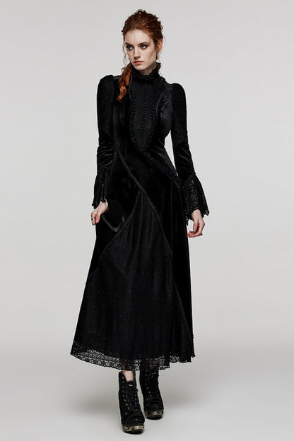 Black Stand Collar Long Trumpet Sleeves Stitching Lace Women's Gothic Dress