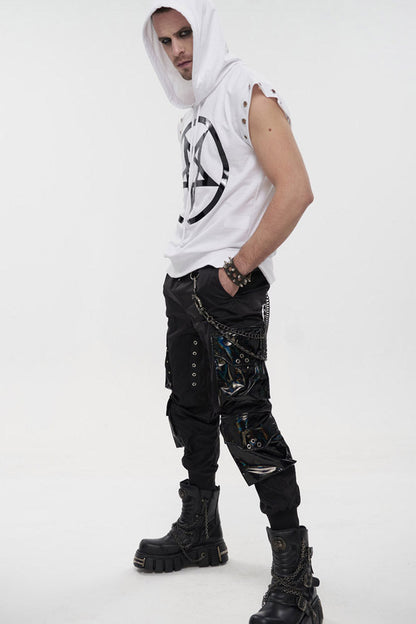 Black Punk Multi Pocket Splicing Illusory Color Removable Metal Left Chain Design Cargo Men's Pants