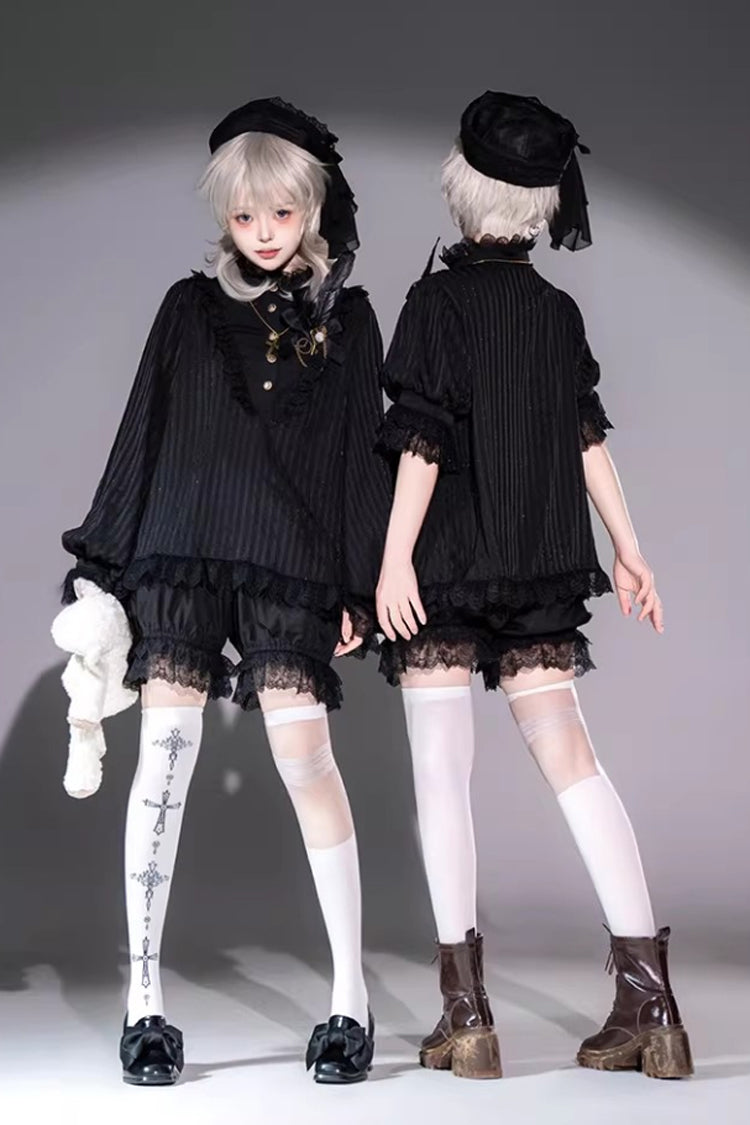 Black Stand Collar Long Short Sleeves Printed Ruffled Lace Gothic Ouji Lolita Set 2 Versions