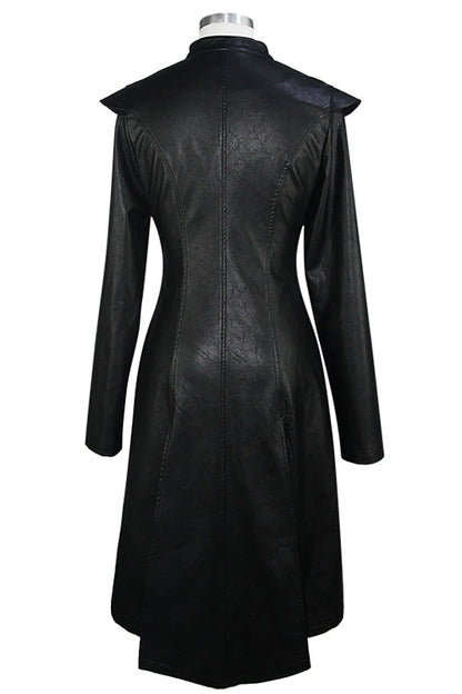 Black waisted short front and long back bare breast leather long womens Punk coat