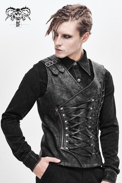 Gray V Neck Fog Flower Shoulder Loop Chest Lace Up Men's Punk Waistcoat