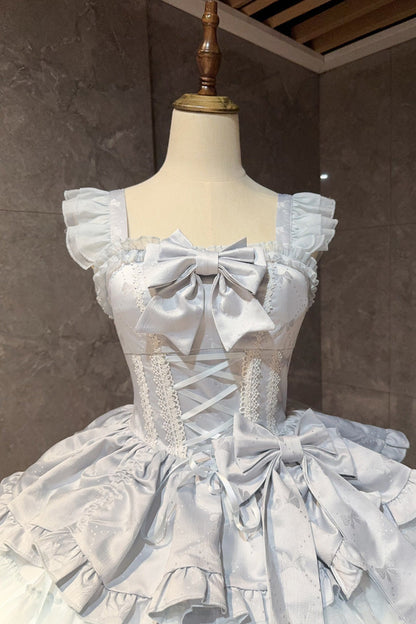 Blue [Misty Mountain Veil] Sleeveless Multi-Layered Ruffled Bow Lace Sweet Princess Ballet Lolita Jsk Dress
