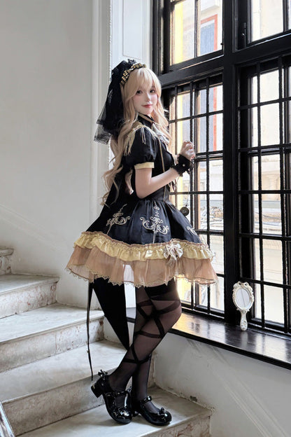 Black [Gilded Oath] Short Sleeves Double-Layered Ruffle Embroidery Bowknot Gothic Lolita Dress