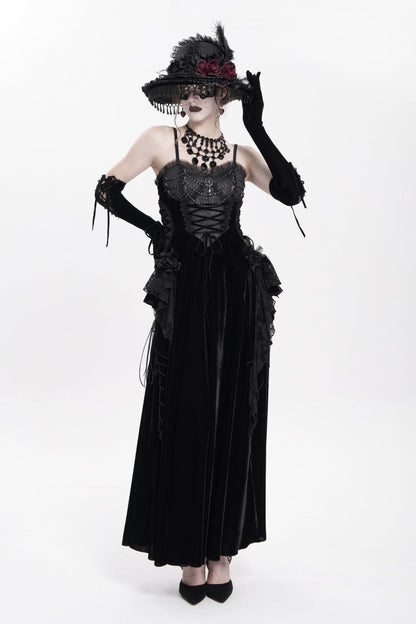 Black Sleeveless Ruffle Lace-Up Plumed Women's Gothic Long Slip Dress