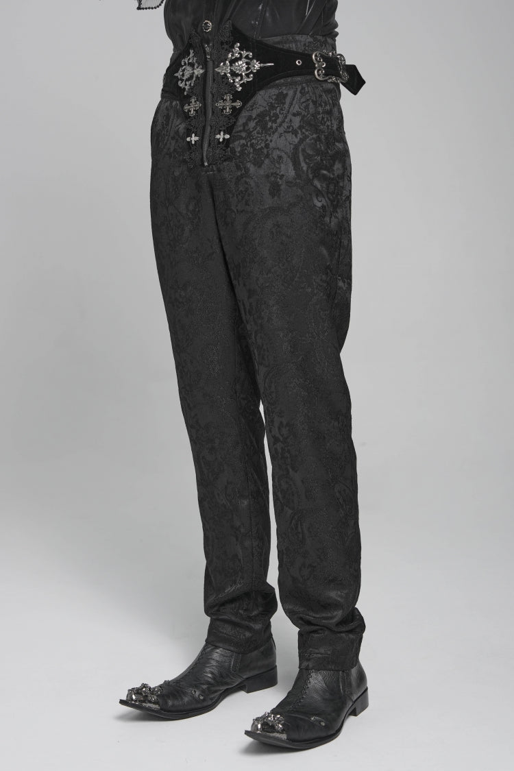 Black Printed Lace-Up Buckled Zippered Men's Gothic Pants