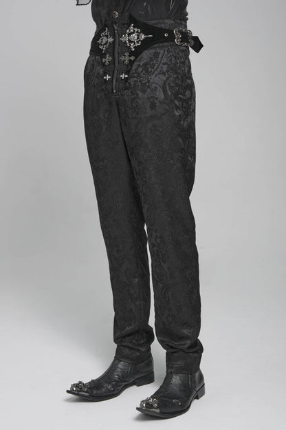Black Printed Lace-Up Buckled Zippered Men's Gothic Pants