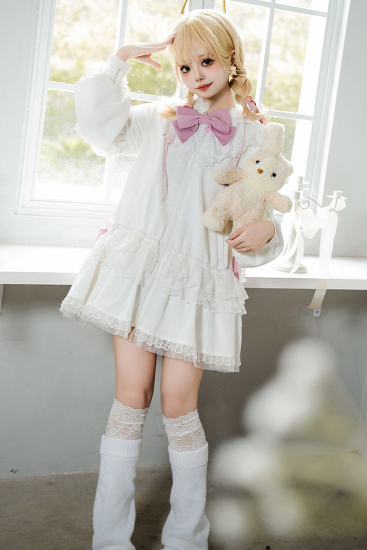 White Rabbit Ears Hooded Bowknot Lace Sweet Lolita Coat Set