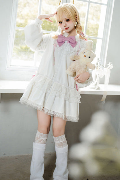 White Rabbit Ears Hooded Bowknot Lace Sweet Lolita Coat Set