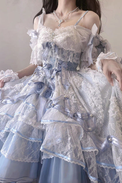 Blue [Diane Rose] Short Sleeves Multi-Layered Jacquard Ruffle Hanayome Cardigan Bowknot Lace Sweet Lolita Dress